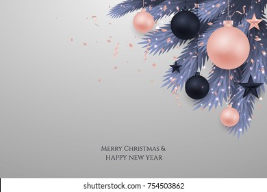 Merry Chritmas tree branches elegant luxury design with balls, star. Vector illustration, 2018 Happy New Year background. Black, red, pink christmas balls. Tree concept. Isolated on  background. EPS10
