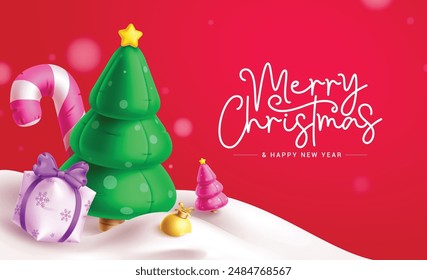 Frohe Weihnachten Gruß Vektorgrafik Design. Weihnachtsmusiken Grußtext mit Kiefer, Zuckerrohr, Geschenk- und Weihnachtskugeln Elemente im Schnee Winterhintergrund. Vektorillustration Urlaub Saison Design.
