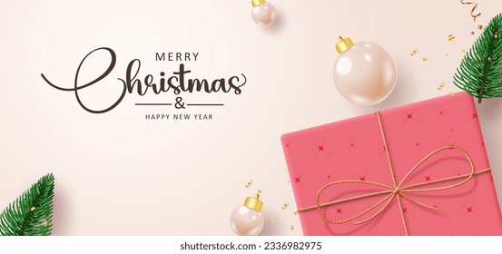 Merry chritsmas Text Vektordesign. Weihnachtsgrußkarte mit Geschenkbox und Weihnachtsbälle Dekorationselemente auf elegantem Hintergrund. Vektorgrafik-Urlaubskartendesign.