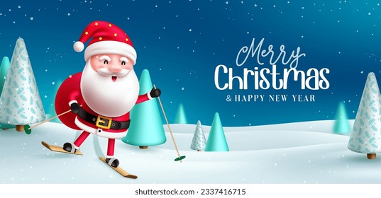 Merry chritsmas text vector design. Christmas greeting with santa claus character riding in ski elements in snow winter background. Vector illustration holiday season design.
