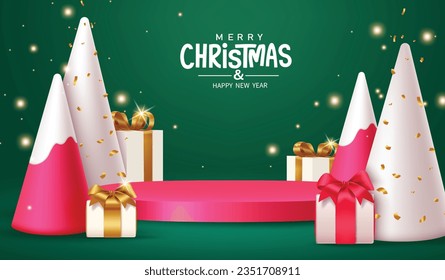 Merry chritsmas text vector design. Christmas podium stage with pine tree, fir tree and gift boxes elements for xmas season decoration. Vector illustration product presentation background.
