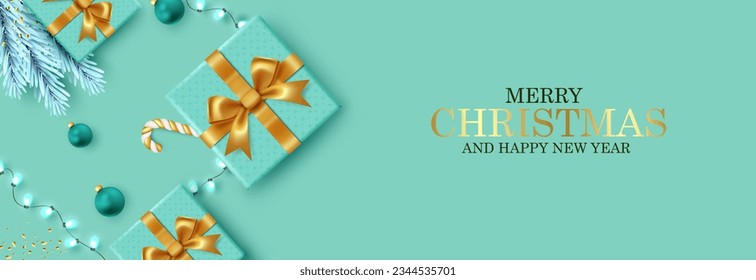 Merry chrstmas text vector design. Christmas gift boxes elements for holiday season greeting card decoration. Vector illustration xmas seasonal banner.

