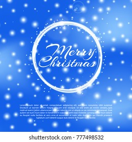 Merry Chtistmas background with bokeh effect. Elegant christmas blue background with snowflakes and sparkles. Greeting card design template with typography label.