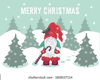 Merry Chtistmas card with Gnome, vector illustration. Yule gnome in red hat in winter forest with christmas trees and snowflakes.