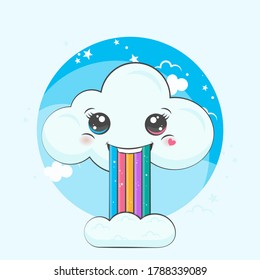 Merry cloud laughing with rainbow from the mouth. Fluffy cloud with cute eyes and a good-natured smile burping rainbow. Fun cartoon character with heart on cheeks