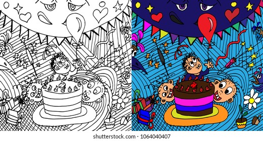 Merry company of children celebrate a birthday. Vector illustration in the style of doodle.