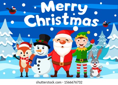 Merry company of Santa, snowman, elf and forest animals on winter. Christmas