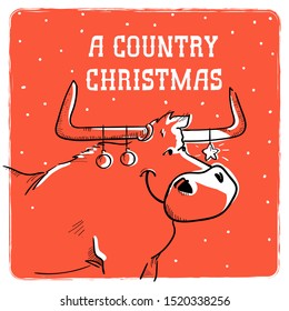 Merry Country Christmas Card With Bull And Christmas Text On Snow Background Illustration