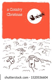 Merry Country Christmas card with flock sheeps and Santa flying on winter sky. Christmas text on snow background illustration