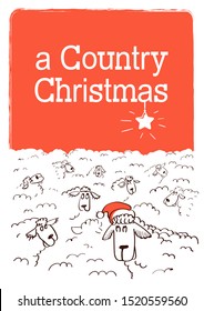 Merry Country Christmas card with sheeps on winter sky. Vector red holiday card with text. Christmas text on snow background illustration