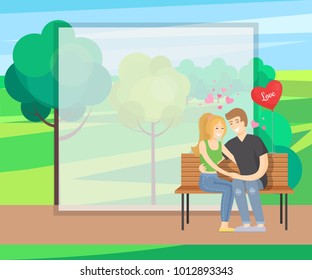 Merry couple sits on bench tenderly holding hands, heart shape balloon near them vector in green park near trees, rural landscape, frame for text