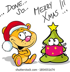 Merry covid Christmas with Cute Bear and Christmas Tree Decorated with Face Mask