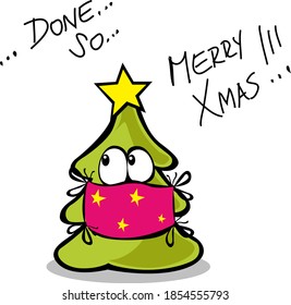 Merry Covid Christmas Tree Decorated with Face Mask Vector Illustration