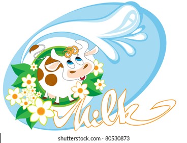 Merry cow grazing in a meadow of daisies on a background of  stylized stream of milk