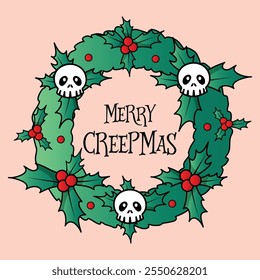 Merry Creepmas wreath design. Creepy Christmas greeting or invitation card template. Green wreath with skulls. Vector.