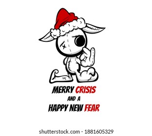 Merry Crisis and Happy New Fear joke for Christmas and happy new year greetings. Pop art comic text lettering. Crazy evil rabbit Santa bad character in black color sketch. Show gesture ok.