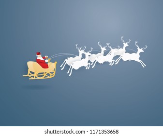 MERRY CRISTHMAS concept with Santa Claus and reindeers on blue background ,vector and illustration craft style