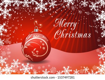 Merry Cristmas greeting card and Happy New Year card with realistic red balls and nowflakes. Vector illustration for postcard