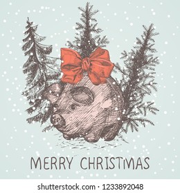 Merry Cristmas hand drawn card. New year pig with a bow, Chritmas tree and snow. Sketch