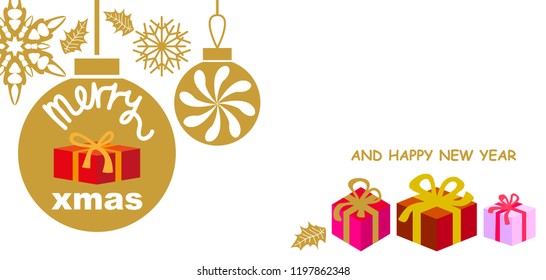 Merry Cristmas and Happy New Year greeting card. Gifts and festive decorations on white background. Trendy minimal design.