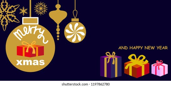 Merry Cristmas and Happy New Year greeting card. Gifts and festive decorations on black background. Trendy minimal design.
