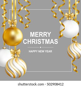 Merry Cristmas and Happy New Year card with gold, white and striped balls and gold serpentine. Vector illustration.