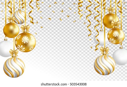 Merry Cristmas and Happy New Year card with gold, white and striped balls and gold serpentine on transparent background. Vector illustration.