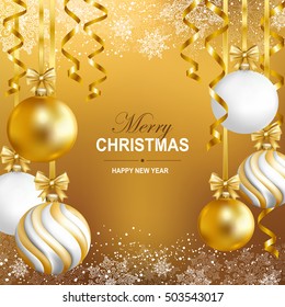 Merry Cristmas and Happy New Year card with gold, white and striped balls, snowflakes and gold serpentine. Vector illustration.