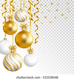 Merry Cristmas and Happy New Year card with gold, white and striped balls and gold serpentine on transparent background. Vector illustration.