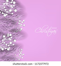 Merry Cristmas season geeting card Winter party invitation wreath of fir pine branches with white berry winter holiday background violet pink