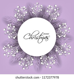 Merry Cristmas season geeting card Winter party invitation wreath of fir pine branches with white berry winter holiday background violet pink