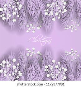 Merry Cristmas season geeting card Winter party invitation wreath of fir pine branches with white berry winter holiday background violet pink