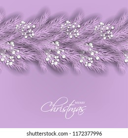 Merry Cristmas season geeting card Winter party invitation wreath of fir pine branches with white berry winter holiday background violet pink