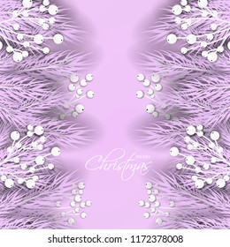 Merry Cristmas season geeting card Winter party invitation wreath of fir pine branches with white berry winter holiday background violet pink