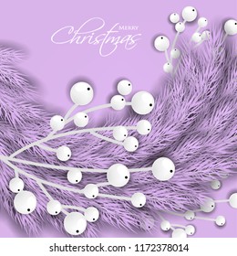 Merry Cristmas season geeting card Winter party invitation wreath of fir pine branches with white berry winter holiday background violet pink