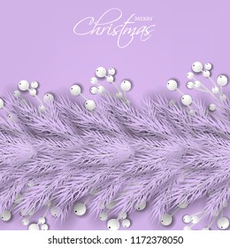 Merry Cristmas season geeting card Winter party invitation wreath of fir pine branches with white berry winter holiday background violet pink