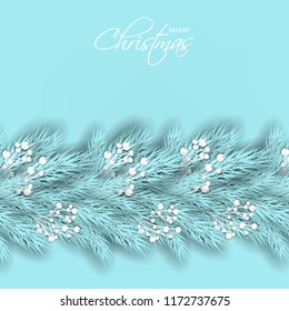 Merry Cristmas season geeting card Winter party invitation wreath of fir pine branches with white berry winter holiday liht blue turquoise background 