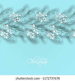 Merry Cristmas season geeting card Winter party invitation wreath of fir pine branches with white berry winter holiday liht blue turquoise background 