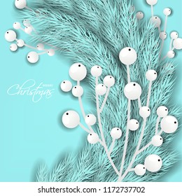 Merry Cristmas season geeting card Winter party invitation wreath of fir pine branches with white berry winter holiday liht blue turquoise background 