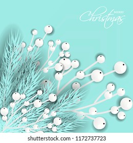 Merry Cristmas season geeting card Winter party invitation wreath of fir pine branches with white berry winter holiday liht blue turquoise background 