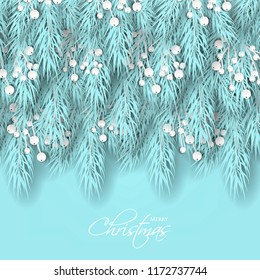 Merry Cristmas season geeting card Winter party invitation wreath of fir pine branches with white berry winter holiday liht blue turquoise background 