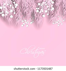 Merry Cristmas season geeting card Winter party invitation wreath of fir pine branches with white berry winter holiday background  pink