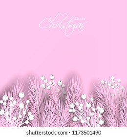 Merry Cristmas season geeting card Winter party invitation wreath of fir pine branches with white berry winter holiday background  pink