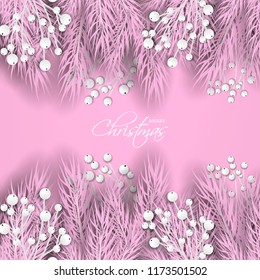 Merry Cristmas season geeting card Winter party invitation wreath of fir pine branches with white berry winter holiday background  pink