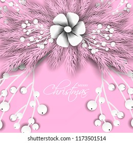 Merry Cristmas season geeting card Winter party invitation wreath of fir pine branches with white berry winter holiday background  pink