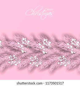Merry Cristmas season geeting card Winter party invitation wreath of fir pine branches with white berry winter holiday background  pink