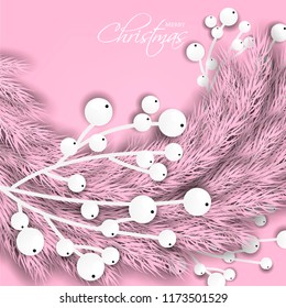 Merry Cristmas season geeting card Winter party invitation wreath of fir pine branches with white berry winter holiday background  pink
