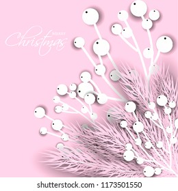 Merry Cristmas season geeting card Winter party invitation wreath of fir pine branches with white berry winter holiday background  pink