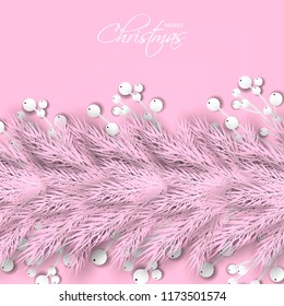 Merry Cristmas season geeting card Winter party invitation wreath of fir pine branches with white berry winter holiday background  pink