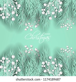 Merry Cristmas season geeting card Winter party invitation wreath of turquoise fir pine branches with white berry winter holiday background liht green turquoise